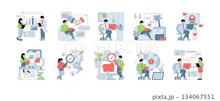 Vector illustration depicting business workflow and time management concepts. Features professionals engaged in diverse office activities, highlighting productivity, scheduling, and teamwork. Vector illustration depicting business workflow and time management concepts. Features professionals engaged in diverse office activities, highlighting productivity, scheduling, and teamwork. 134067551