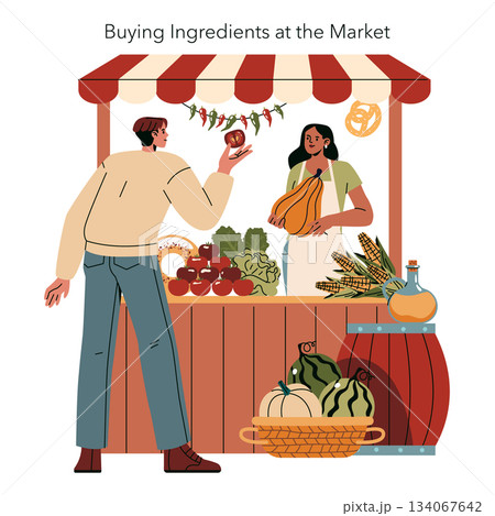 Vector illustration of a person buying fresh produce at a market stall, with colorful vegetables and fruits displayed. The interaction showcases a friendly market atmosphere. Vector illustration of a person buying fresh produce at a market stall, with colorful vegetables and fruits displayed. The interaction showcases a friendly market atmosphere. 134067642