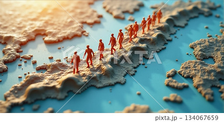 Diverse people traverse a world map, depicting global migration due to economic, crisis, war, and environmental factors 134067659