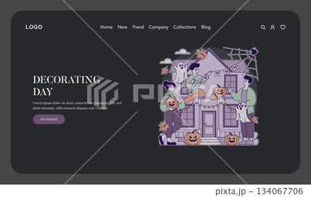 Vector illustration of people decorating a house for Halloween with pumpkins, ghosts, and spider webs. The scene captures a festive and creative atmosphere with smiling characters. Vector illustration of people decorating a house for Halloween with pumpkins, ghosts, and spider webs. The scene captures a festive and creative atmosphere with smiling characters. 134067706