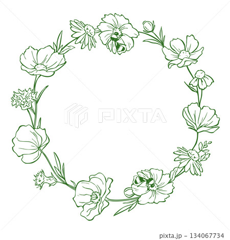 Elegant floral circular wreath. Delicate designs with flowers and leaves 134067734