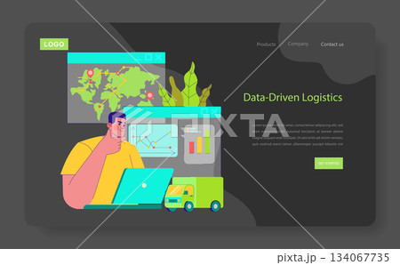 Vector illustration of a person analyzing logistics data on a laptop, featuring maps and charts for data-driven decision-making. Includes elements like a delivery truck and world map. 134067735