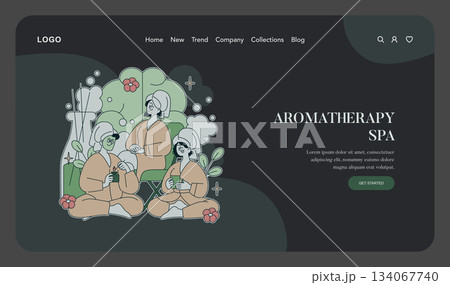 Vector illustration depicting a group enjoying an aromatherapy session at a spa. They sit together in robes, sipping beverages, exuding relaxation and peacefulness in a serene setting. Vector illustration depicting a group enjoying an aromatherapy session at a spa. They sit together in robes, sipping beverages, exuding relaxation and peacefulness in a serene setting. 134067740