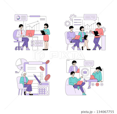 Vector illustration depicting collaborative business meetings and online education. Includes diverse professionals engaging with laptops and presentations, highlighting teamwork and learning. Vector illustration depicting collaborative business meetings and online education. Includes diverse professionals engaging with laptops and presentations, highlighting teamwork and learning. 134067755