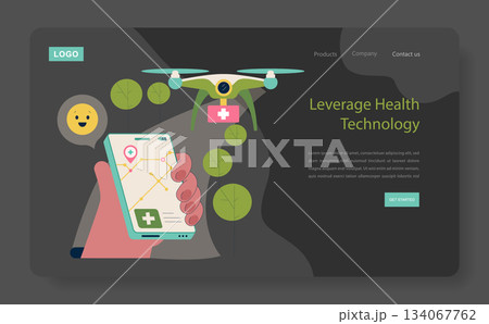Vector illustration of a drone delivering medical supplies, controlled via a smartphone app. Features a smiling emoji icon representing positive user feedback and satisfaction. 134067762