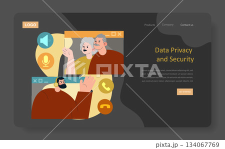 Digital communication and security theme. Individuals engaged in video calls emphasize the importance of data privacy. Represents modern communication and awareness of security issues. Vector Digital communication and security theme. Individuals engaged in video calls emphasize the importance of data privacy. Represents modern communication and awareness of security issues. Vector 134067769