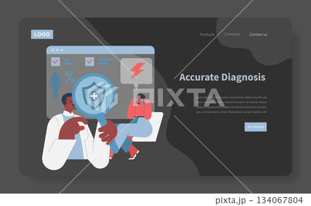 Vector illustration of a doctor holding a large magnifying glass, analyzing patient information on a screen with a shield icon and a patient visibly stressed. 134067804