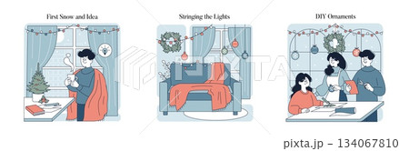 Vector illustration depicting festive holiday preparations. Scenes include enjoying winter indoors, stringing lights in a cozy living room, and crafting DIY ornaments with excitement and joy. 134067810