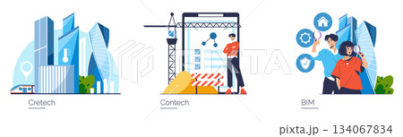Vector illustration displaying construction and real estate technology themes. Features futuristic buildings, digital construction tools, and collaborative work by a group of individuals in a tech 134067834