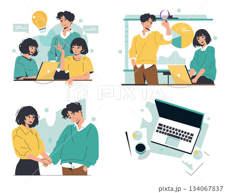 Illustration of a team engaging in a discussion, presentation, and handshake, showcasing collaboration. The set includes a laptop with charts and graphs, reflecting teamwork and creativity. Illustration of a team engaging in a discussion, presentation, and handshake, showcasing collaboration. The set includes a laptop with charts and graphs, reflecting teamwork and creativity. 134067837