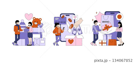 Vector illustration featuring people performing online shopping and gift giving. Includes elements like credit cards, smartphones, and packages, conveying the joy of e-commerce. Vector illustration featuring people performing online shopping and gift giving. Includes elements like credit cards, smartphones, and packages, conveying the joy of e-commerce. 134067852