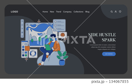 Designer sitting comfortably with a tablet, surrounded by design elements. Engaging in creative planning, the scene highlights innovation and focus in a modern professional setting. 134067855