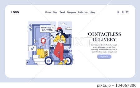 Vector illustration depicting a contactless food delivery. A masked delivery person on a scooter checks a mobile device while food is left at the door, promoting safety and convenience. 134067880