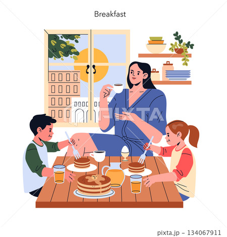 Vector illustration of a family having breakfast together. A parent and two children are sitting at a table with pancakes, coffee, and juice, enjoying a morning meal with happy expressions. 134067911