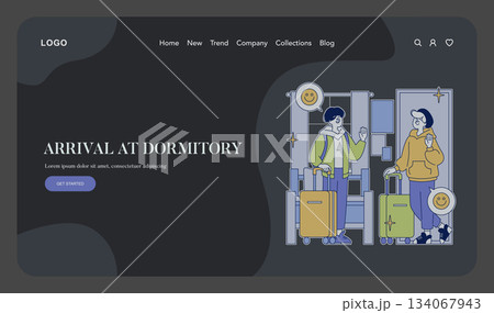 "Illustration of two students arriving at a dormitory, each carrying luggage. They greet each other with smiles, conveying excitement and anticipation. Vector illustration." 134067943