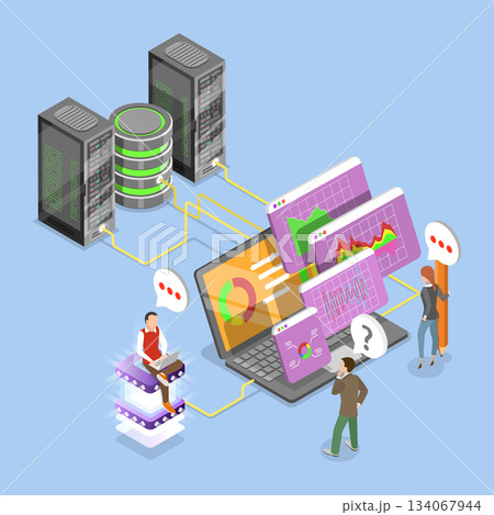 3D Isometric Flat Vector Illustration of Data Analysis, Virtual Database And Datacenter Utilized 134067944