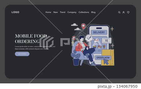 Vector illustration of a man using a mobile food ordering app. The interface shows delivery options and prices. The image suggests convenience in mobile food delivery services. Vector illustration of a man using a mobile food ordering app. The interface shows delivery options and prices. The image suggests convenience in mobile food delivery services. 134067950