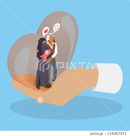 3D Isometric Flat Vector Illustration of Family Healthcare, Arabian Family Joyfully Poses On DoctorS Hand 134067971