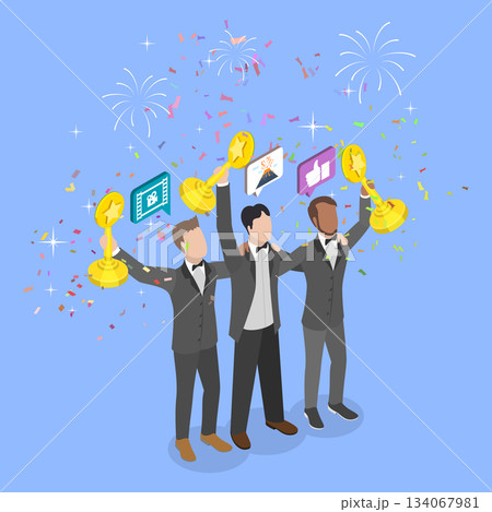 3D Isometric Flat Vector Illustration of Nomination Ceremony, Actors With Star Trophies 134067981