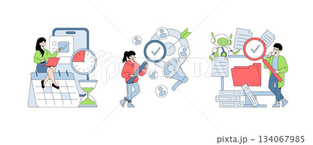 Vector illustration depicting individuals engaging in time management, task organization, and data analysis. Features digital tools like calendars, magnifying glasses, and AI documents. 134067985