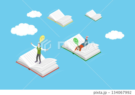 3D Isometric Flat Vector Illustration of Book Reading, Couple Soaring Above On Books Above The Clouds 3D Isometric Flat Vector Illustration of Book Reading, Couple Soaring Above On Books Above The Clouds 134067992