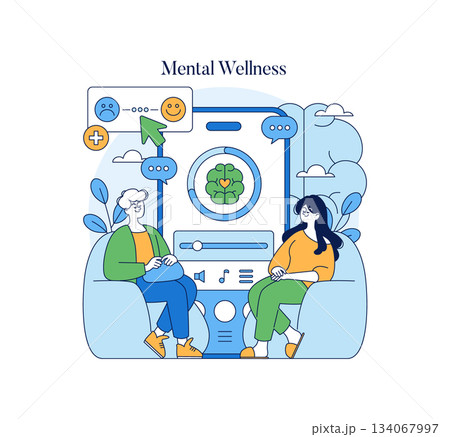 Mental wellness concept featuring two individuals engaging in a supportive discussion. Vector illustration highlights positive emotions with symbols related to mental health and well-being. Mental wellness concept featuring two individuals engaging in a supportive discussion. Vector illustration highlights positive emotions with symbols related to mental health and well-being. 134067997