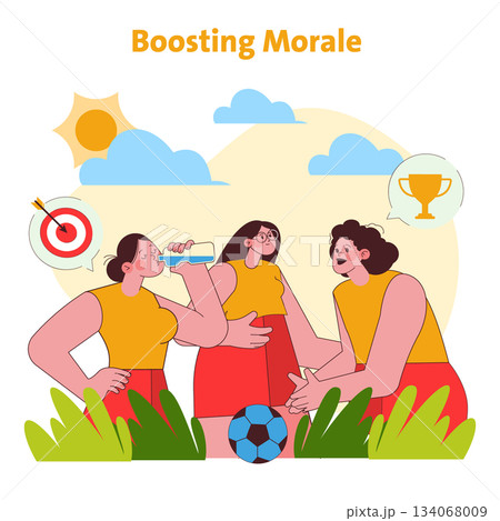 Vector illustration of a team boosting morale with positive energy. Three people express enthusiasm, teamwork, and motivation, highlighting concepts of collaboration and success. Vector illustration of a team boosting morale with positive energy. Three people express enthusiasm, teamwork, and motivation, highlighting concepts of collaboration and success. 134068009
