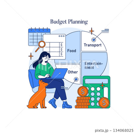Vector illustration of a woman engaged in budget planning with her laptop. Surrounded by categories like food and transport, she is accompanied by a dog, emphasizing financial organization. 134068025