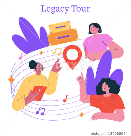 Vector illustration of three joyful people engaging with music in a vibrant setting. Luggage and musical notes surround them, capturing a sense of travel and excitement. 134068034