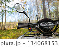 left brake handle of an ATV, windshield, and rear view mirrors. Quad bike or ATV stands in forest. All Terrain Vehicle 134068153