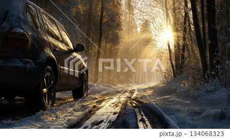 A parked car sits beside a snowy forest road as the morning sun breaks through the trees, casting golden light. The winter landscape features glistening snow and tall, frost-covered trees. 134068323