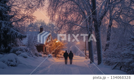 Two individuals stroll together on a snow-blanketed road, surrounded by frosted trees and cozy houses as dusk settles in, casting a warm glow from a lamp post in the serene, chilly ambiance. 134068328