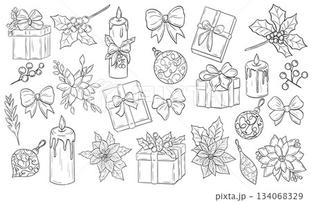 Christmas set, clip art balls, poinsettia, gift boxes, holly, red berries, silk ribbons. Vector graphic hand-drawn Christmas set, clip art balls, poinsettia, gift boxes, holly, red berries, silk ribbons. Vector graphic hand-drawn 134068329