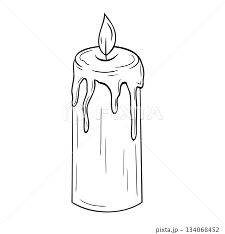 Burning graphic candle with wax drips, vintage, retro, antique. Vector graphic illustration 134068452