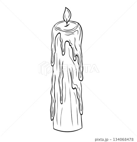 Burning graphic candle with wax drips, vintage, retro, antique. Vector graphic illustration. Candle outline isolated on white Burning graphic candle with wax drips, vintage, retro, antique. Vector graphic illustration. Candle outline isolated on white 134068478