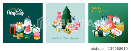 Christmas Isometric Greeting Cards Christmas Isometric Greeting Cards 134068619