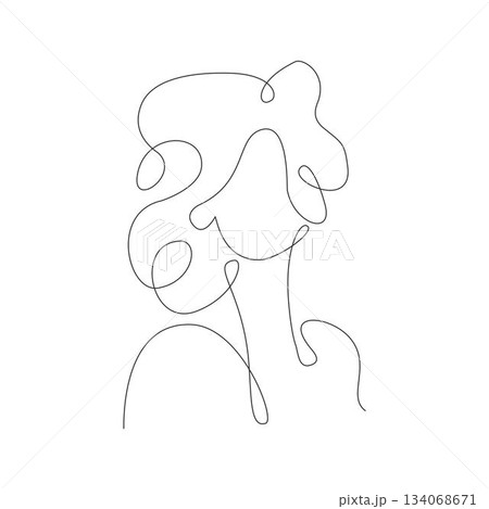 Abstract one line art illustration featuring a woman with voluminous, curly hair. A modern, continuous line vector graphic capturing dynamic style and female beauty in a simple outline drawing. 134068671