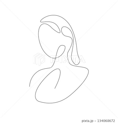 Elegant continuous one line drawing of a woman's face and shoulder-length hair. A modern, abstract portrait design suitable for minimalist logos, prints, or wall art projects 134068672