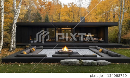 A modern, black home with a large fire pit in the center of the backyard. The fire pit is surrounded by long, gray couches. There are two large rocks in the grass. 134068720