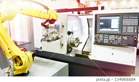 Robotic arm and cnc lathe Robotic arm and cnc lathe 134068884