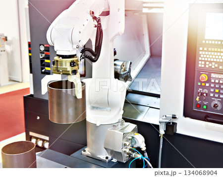 Robotic arm and cnc lathe machine Robotic arm and cnc lathe machine 134068904
