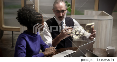 Ai using. Business team using AI assistant technology. Futuristic innovation technology artificial intelligence with digital Hologram. Ai Collaboration and biz ideas for future. Business Tech meeting 134069014