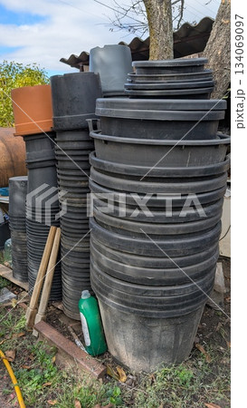Commercial nursery supplies organized for transport and efficient storage Commercial nursery supplies organized for transport and efficient storage 134069097