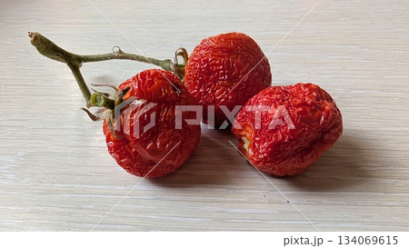 balanced composition of dried cherry tomatoes on pale background with natural shadows and warm red 134069615