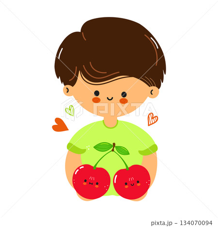 Cute boy holding happy funny cherry fruit characters Cute boy holding happy funny cherry fruit characters 134070094