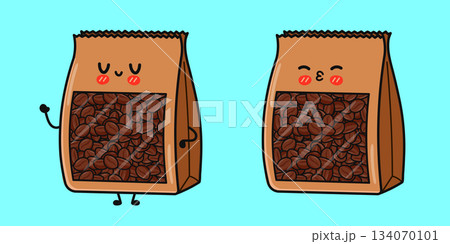 Kawaii coffee bean characters expressing love and happiness Kawaii coffee bean characters expressing love and happiness 134070101
