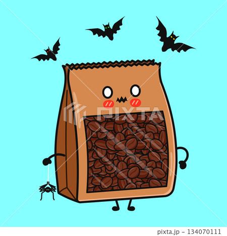 Kawaii coffee bag character celebrating Halloween with bats Kawaii coffee bag character celebrating Halloween with bats 134070111