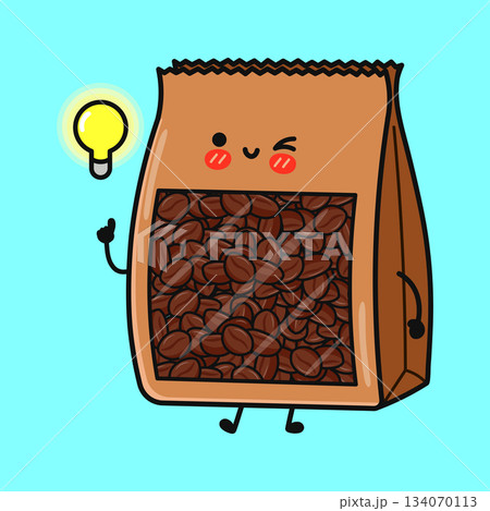 Cute coffee bag character having a creative idea Cute coffee bag character having a creative idea 134070113