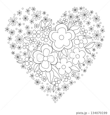 Design element heart shaped with vintage floral ornament. Monochrome flowers tattoo pattern. Black and white vector illustration. Many small flowers. Romantic coloring page. Delicate pattern for print 134070199