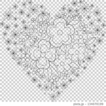 Design element heart shaped with vintage floral ornament. Monochrome flowers tattoo pattern. Black and white vector illustration. Many small flowers. Romantic coloring page. Delicate pattern for print Design element heart shaped with vintage floral ornament. Monochrome flowers tattoo pattern. Black and white vector illustration. Many small flowers. Romantic coloring page. Delicate pattern for print 134070199